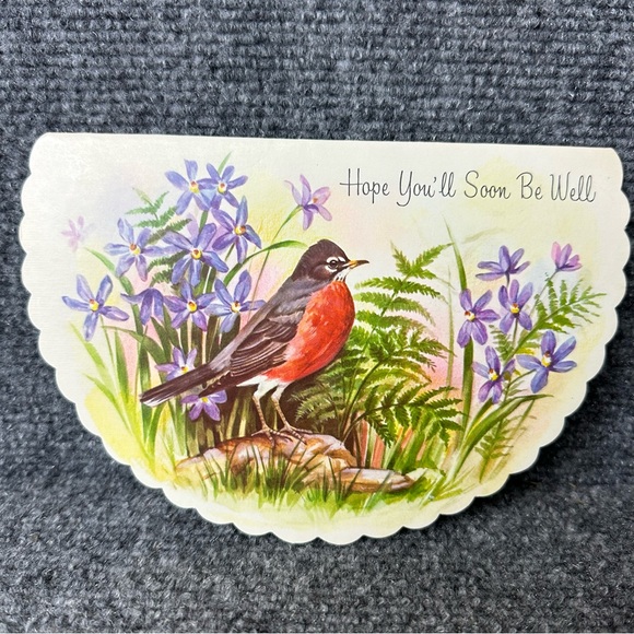 Vintage GET WELL greeting card birds Robin Quality Crest crescent shape 7.5x5 - Picture 2 of 9